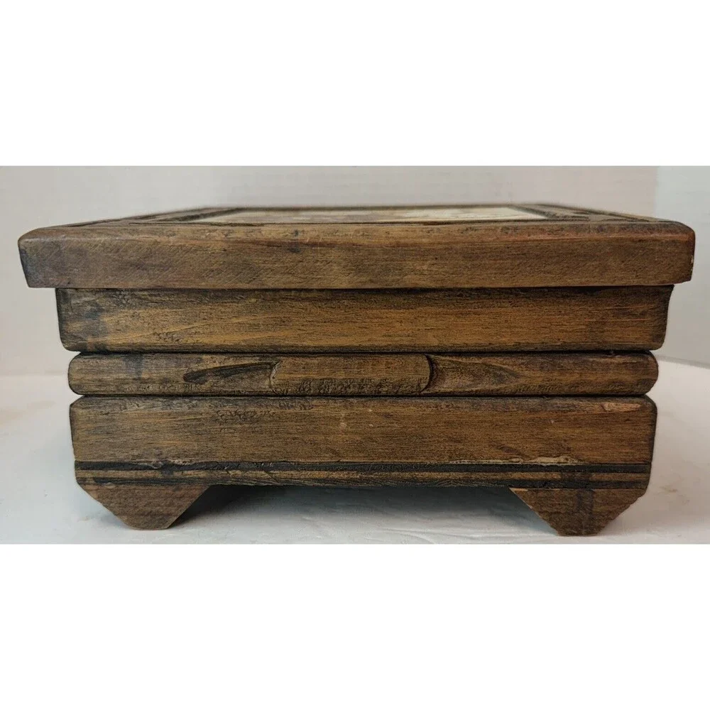Hand Carved Wooden Mexico Box  Hand Painted Floral Flower Tile Made In Italy